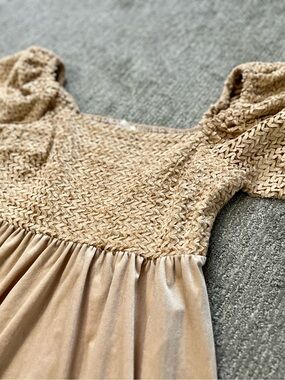 bohme Beige Smocked Velvet Dress with Puff Sleeves